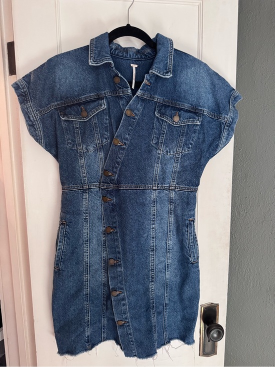 Free People Dresses & Skirts - Free People ‘The City’ asymmetrical blue denim jean frayed mini dress Size Large